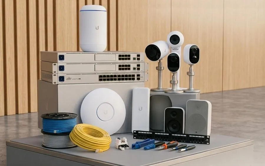 UniFi gateway, PoE switches, Wi-Fi access points, security cameras and speakers staged with Cat6 cable and tools